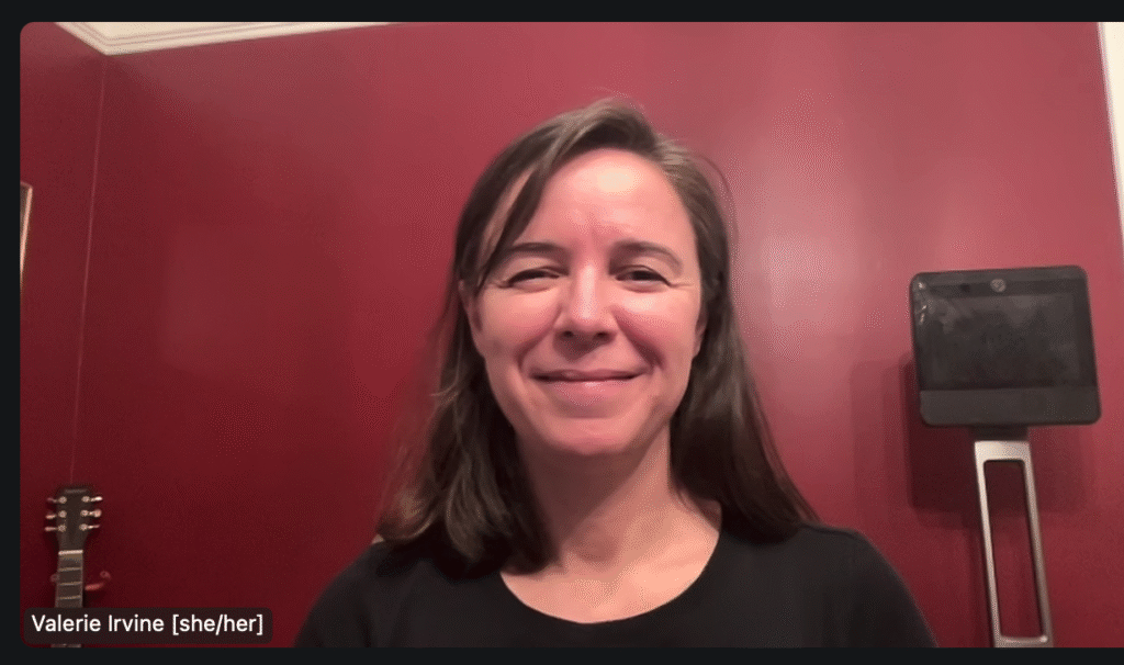 photo of screengrab of Valerie Irvine from a Zoom meeting.