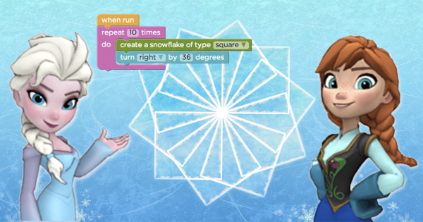 Anna & Elsa coding with scratch to make geometric shapes
