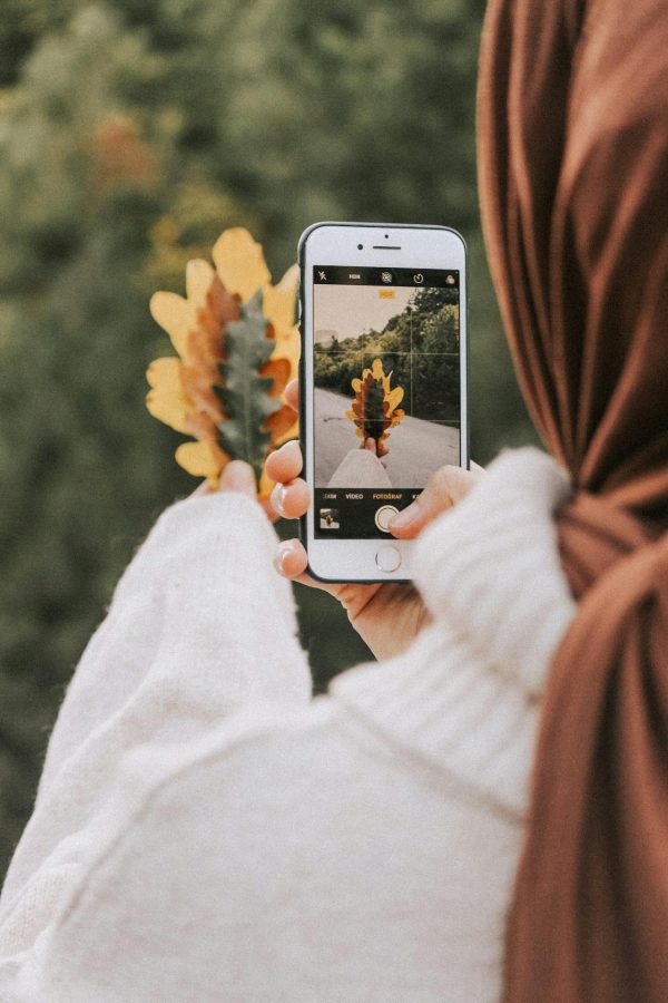 Woman taking picture of dry leaves