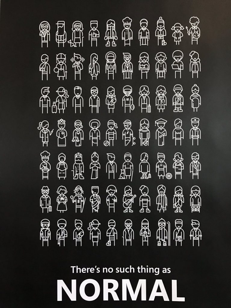 Stick figures showing a wide diversity of human beings with a range of physical abilities. Caption at the bottom reads "There's no such thing as Normal"