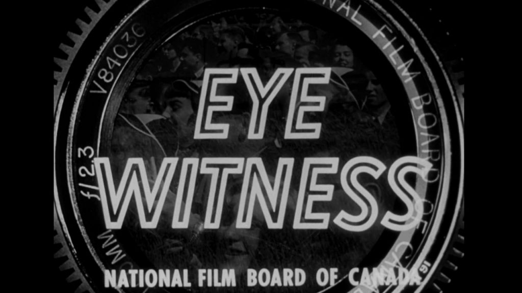 A black and white screenshot of an early Eyewitness film reel