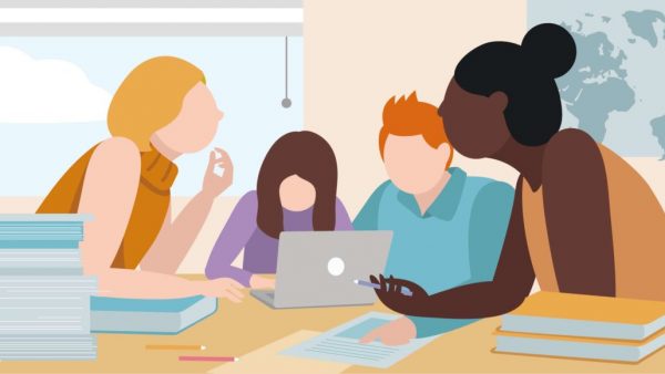 An illustration of students working together on a project