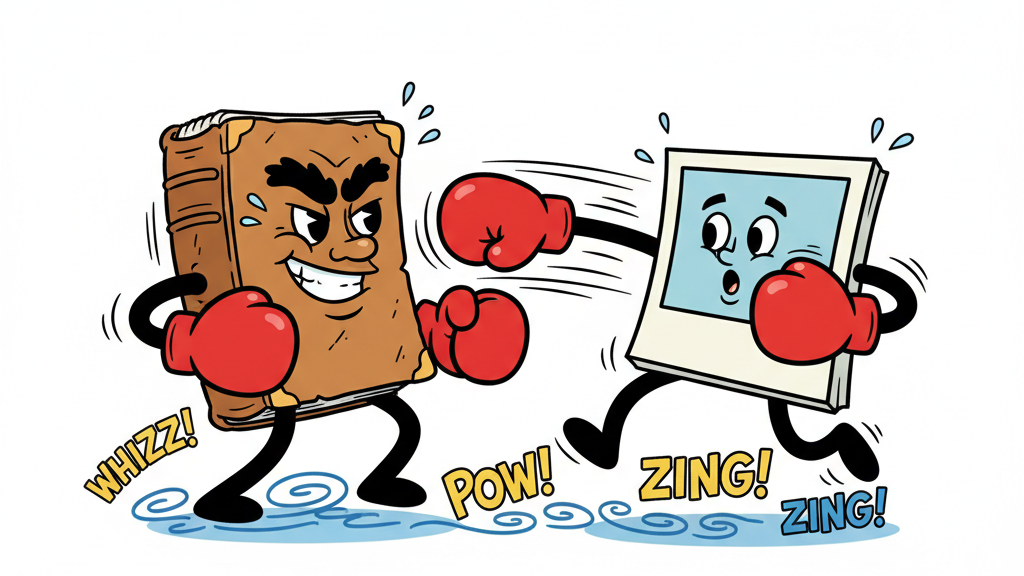 A cartoon/comic book style illustration of a personified book and a personified Polaroid picture, both wearing standard red boxing gloves and engaged in a dynamic, comical fight. The Polaroid is punching, and the book is dodging, all in a lighthearted mood. There is no background