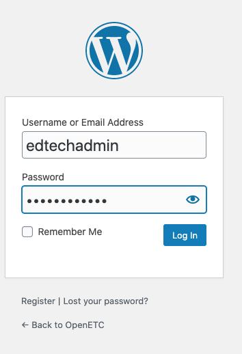 WordPress log in screen.