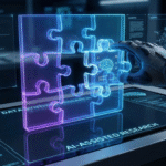 an image that represents navigating AI in the research process using a puzzle metaphor and looking futuristic