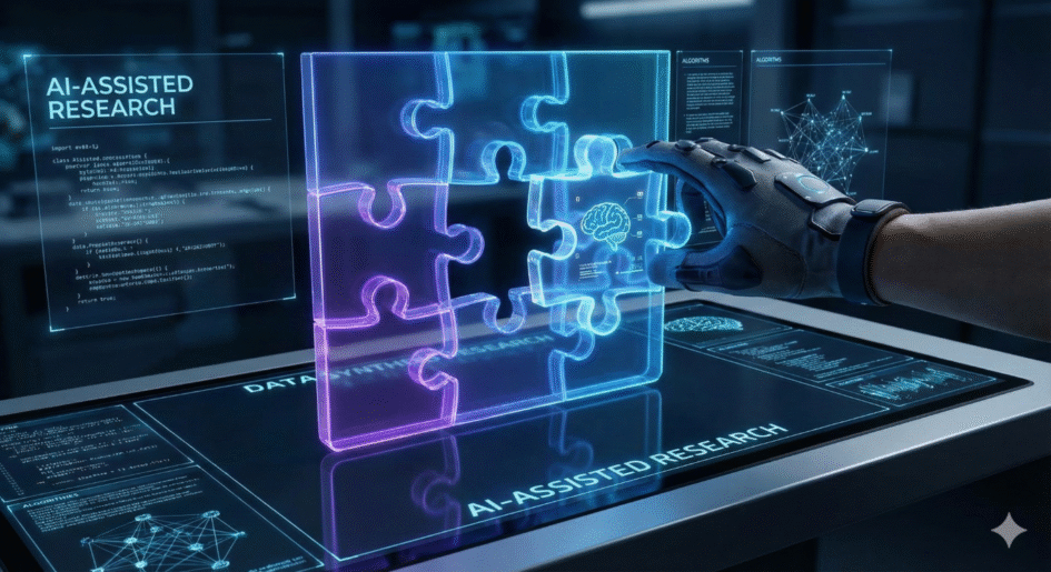 an image that represents navigating AI in the research process using a puzzle metaphor and looking futuristic